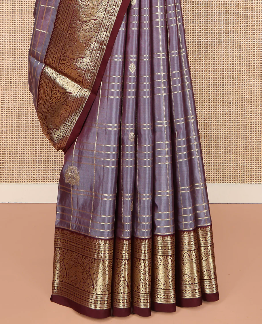 Grey Venkatagiri Silk Saree, Enriched with Zari Buttas Enclosed Checked Design on Its Body, Complemented by a Contrast Traditional Zari Border of Yaali Designs, Pallu of Jaal Designs, and Paired with a Contrast Blouse - Image 4