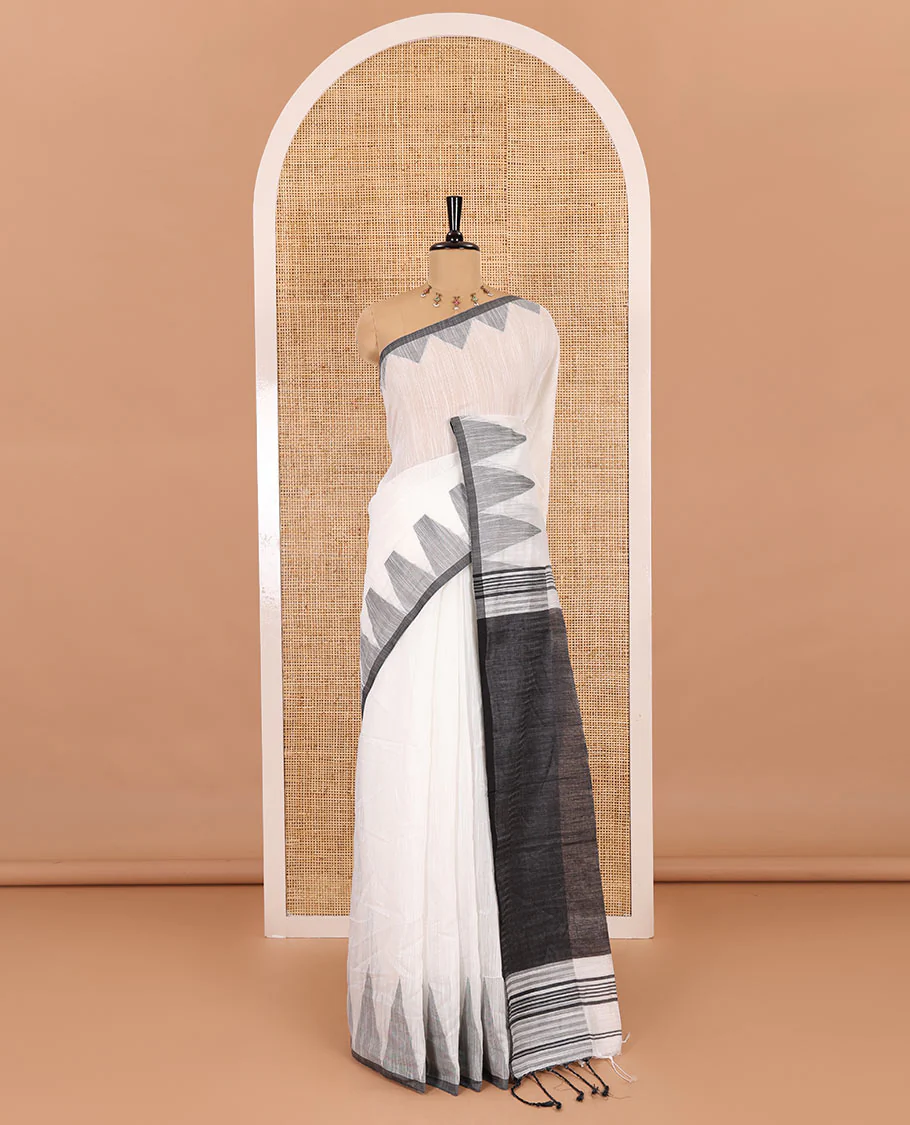Half-white and grey plain khadi mul cotton saree, contrast thread temple border, plain pallu, and a contrast plain blouse - Image 2