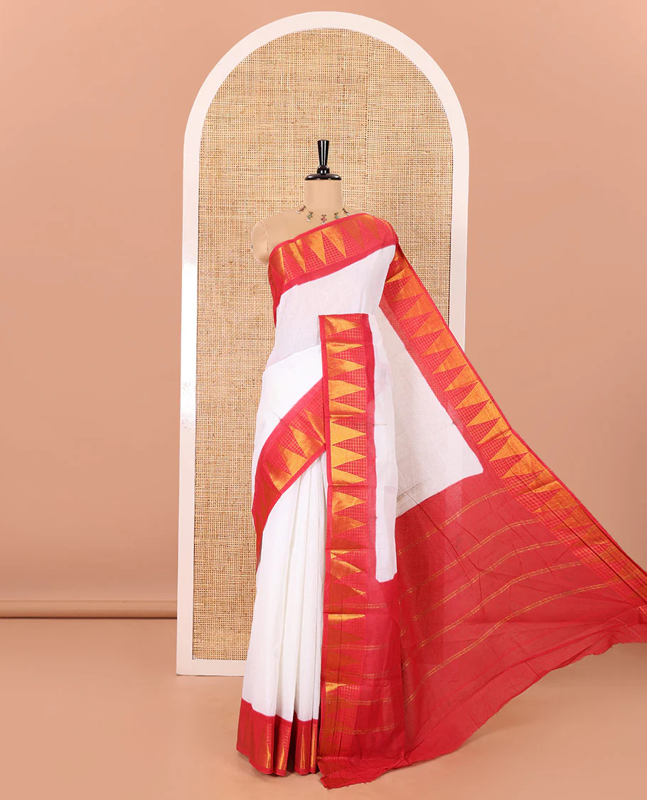 Off-White and Red Plain Sungudi Cotton Saree Adorned with a Contrast Border of Temple and Zari Checks Designs, Subtly Zari Striped Pallu, and Paired with a Contrast Blouse