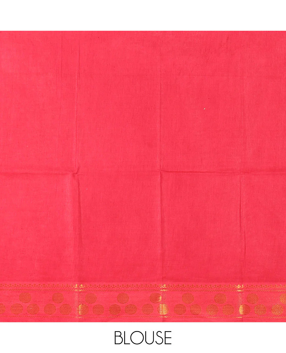 Off-White and Red Plain Sungudi Cotton Saree Adorned with a Contrast Border of Temple and Zari Checks Designs, Subtly Zari Striped Pallu, and Paired with a Contrast Blouse - Image 3