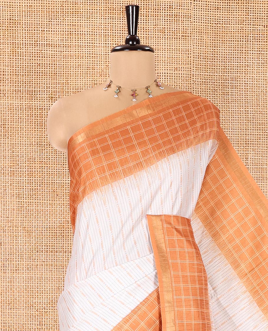 Half-White Katan Silk Saree, Accentuated with Vaira-Oosai-Style Stripes on Its Body, Complemented by a Contrast-Checked Border, Pallu of Jaal Designs, and Paired with a Contrast Blouse - Image 2