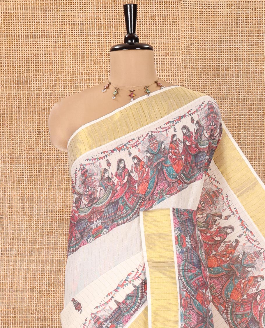 Half-White Kerala Cotton Saree, Artfully Detailed with Dancing Human Figurines Printed on Its Body, Highlighted by a Zari Border, Pallu Pictures the Same Print, and Paired with a Matching Printed Blouse - Image 2