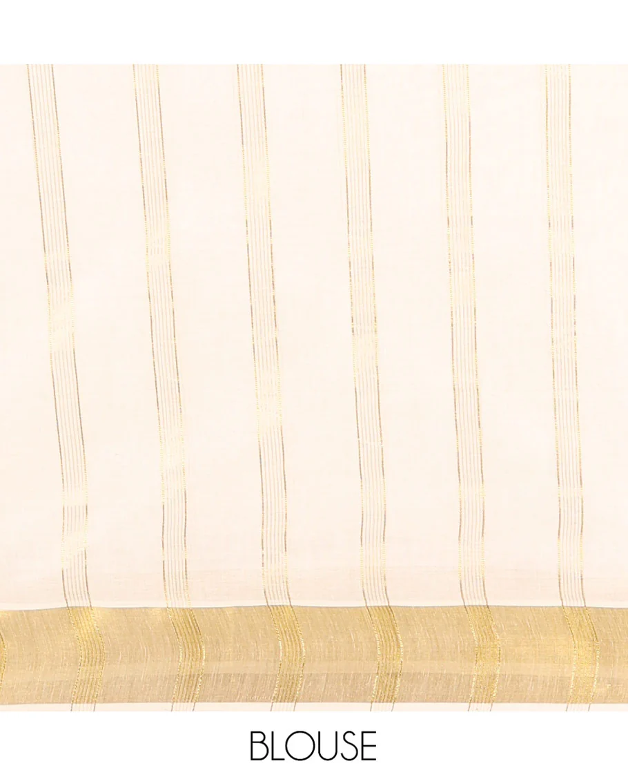 Half-White Kerala Cotton Saree, Prettified with Vertical Stripes and Floral Print on Its Body, Highlighted by a Zari Border, Pallu Pictures the Same Design, and Paired with a Matching Blouse - Image 3