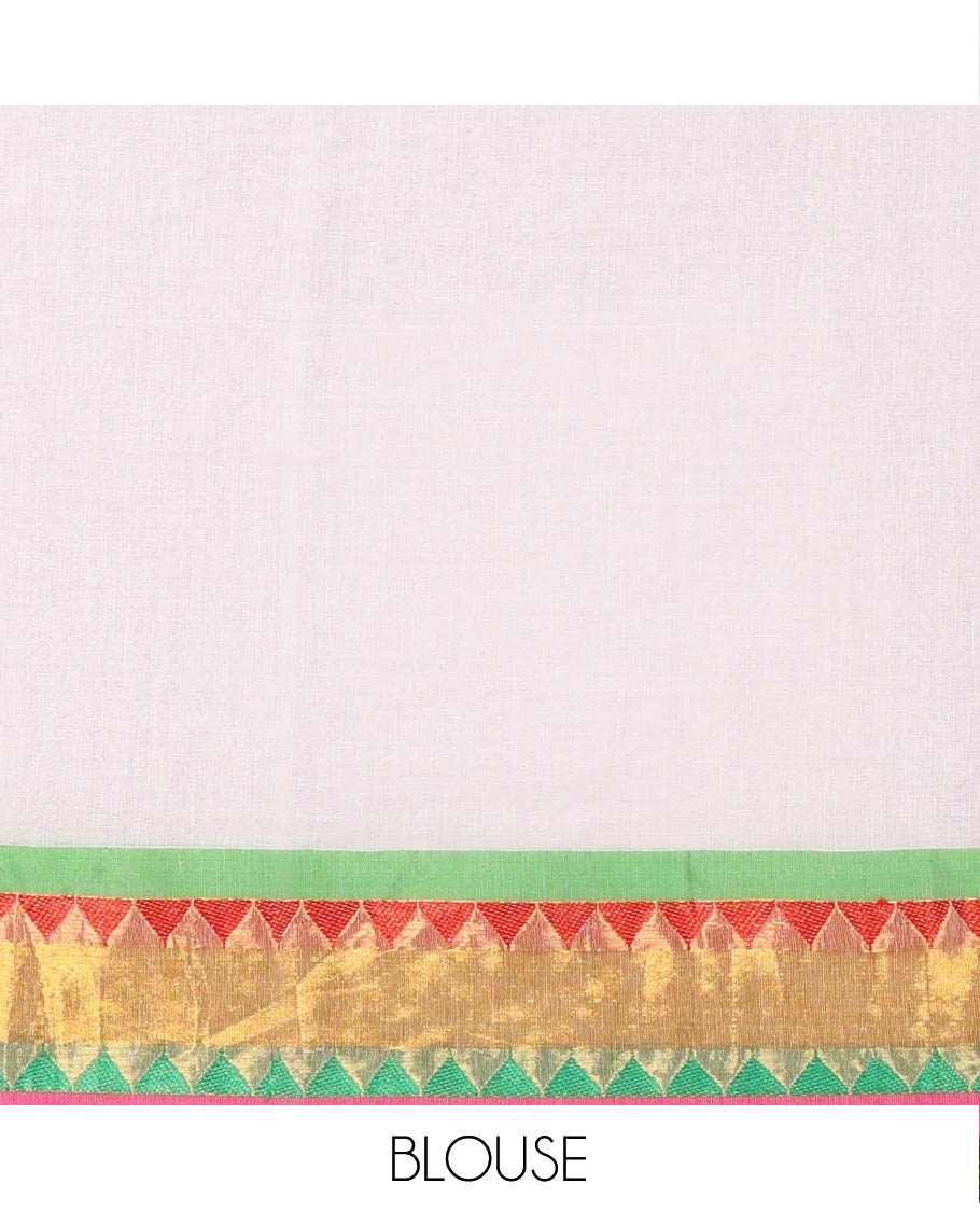 Off-White Khadi Mul Cotton Saree Accentuated with Heart Motifs Embroidery All Over Its Body, Complemented by a Contrast Tissue and Resham Thread Temple Border, Pallu Steeped with Heart Motifs Embroidery, and Paired with a Matching Blouse - Image 3