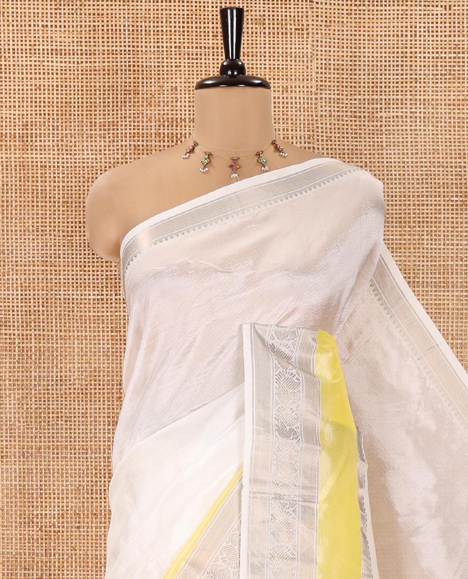 Off-White Mangalagiri Silk Saree, Sparsely Woven Stripes On Its Body, Complemented by Contrast Border of Temple and Peacock Designs, Striped Pallu and Paired with a Contrast Blouse - Image 2