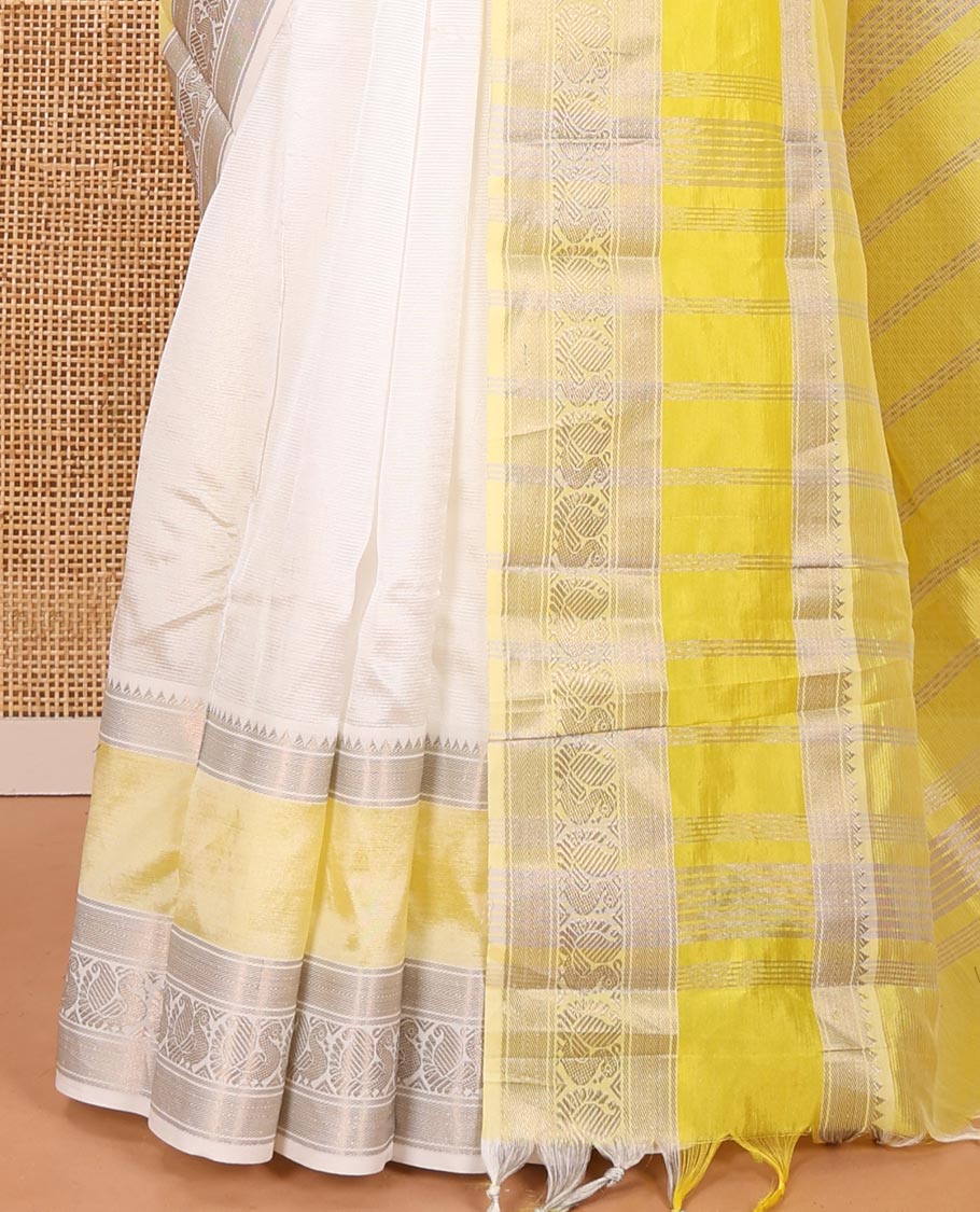 Off-White Mangalagiri Silk Saree, Sparsely Woven Stripes On Its Body, Complemented by Contrast Border of Temple and Peacock Designs, Striped Pallu and Paired with a Contrast Blouse - Image 3