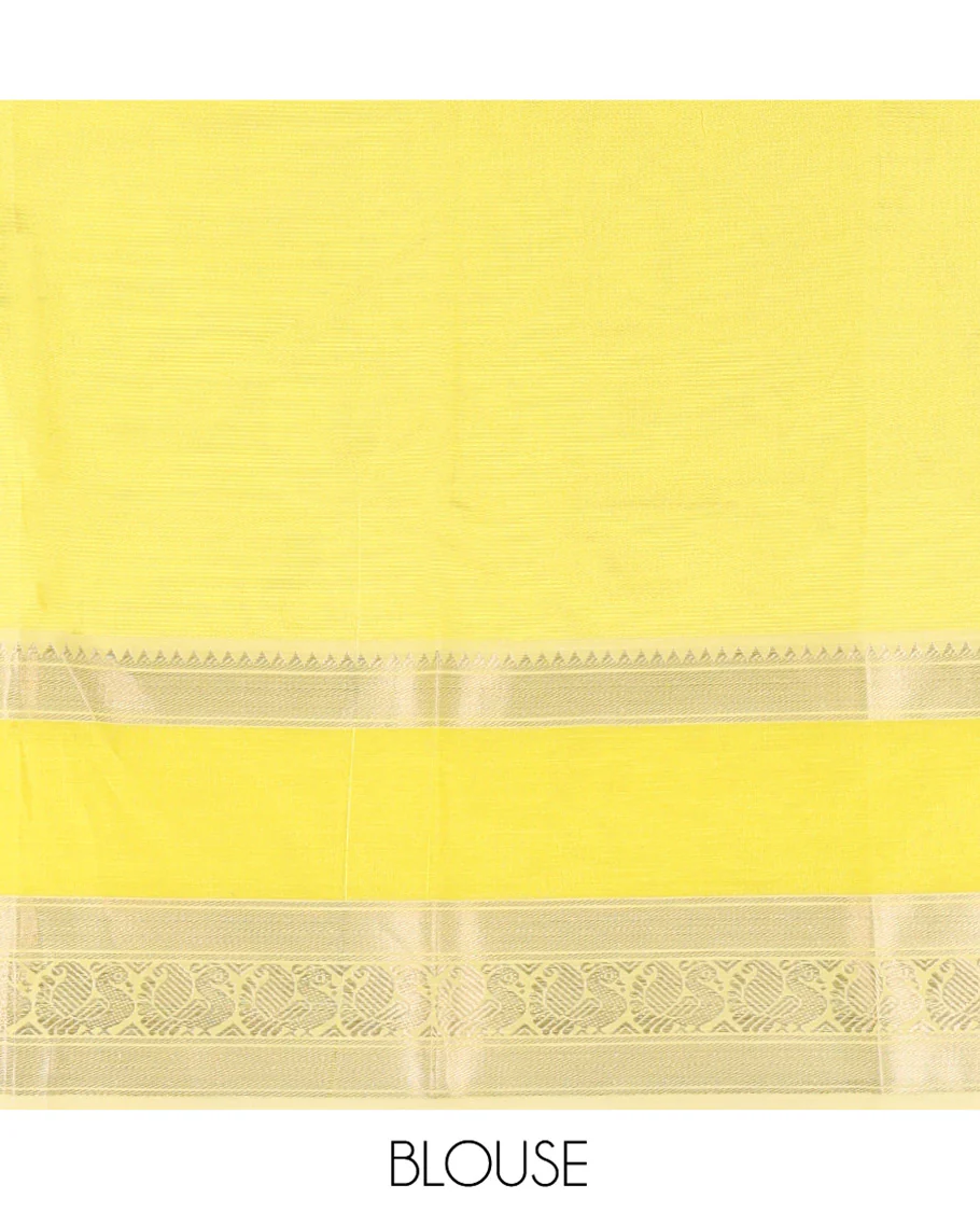 Off-White Mangalagiri Silk Saree, Sparsely Woven Stripes On Its Body, Complemented by Contrast Border of Temple and Peacock Designs, Striped Pallu and Paired with a Contrast Blouse - Image 4