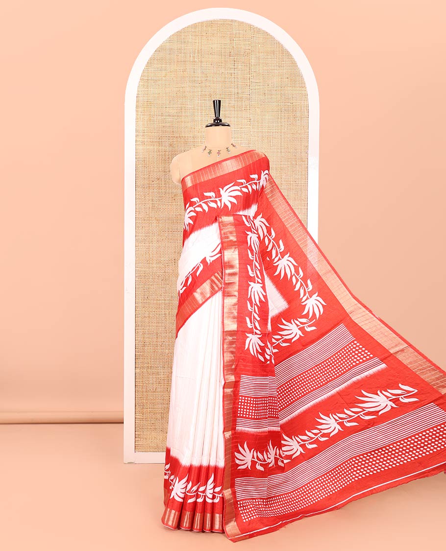 Off-White Plain Dola Silk Saree Accentuated with Contrast Border of Leaf Vines Print and Zari Work, Pallu of Floral and Geometric Print, and Paired with a Contrast Blouse