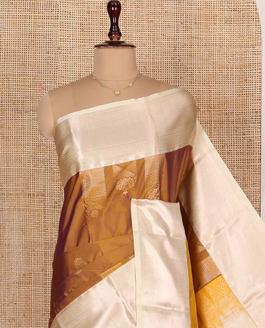 Honey Color Budget Silk Saree, Enriched with Zari Designs  All Over Its Body, Complemented by a Contrast Border of Traditional Designs Woven in Zari, Pallu Detailed with Chevron Designs, and Paired with a Contrast Blouse - Image 2