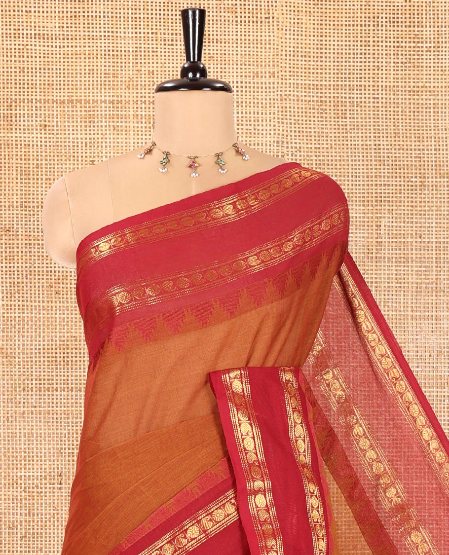 Honey Color Chettinad Cotton Saree, Adorned with Thread Buttas All Over Its Body, Complemented by a Contrast Temple Rettai Pettu Traditional Zari Design Border, Pallu of Stripes and Buttas, and Paired with a Matching Blouse - Image 2