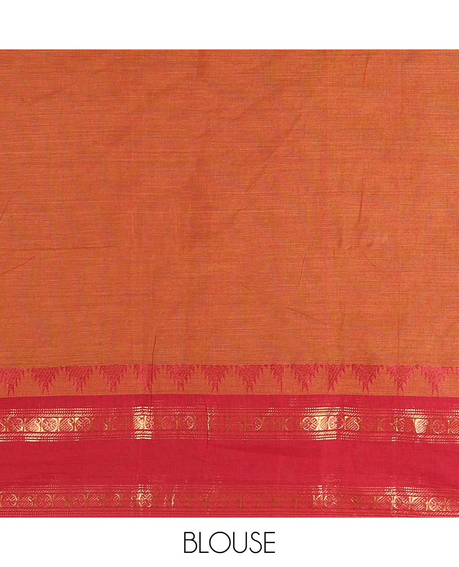 Honey Color Chettinad Cotton Saree, Adorned with Thread Buttas All Over Its Body, Complemented by a Contrast Temple Rettai Pettu Traditional Zari Design Border, Pallu of Stripes and Buttas, and Paired with a Matching Blouse - Image 4