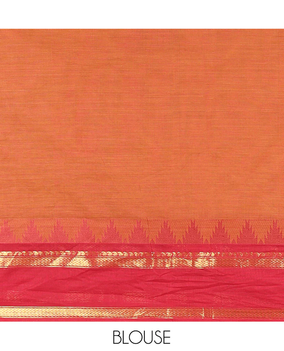 Honey Color Chettinad Cotton Saree, Subtly Sparkled with Thread Buttas All Over Its Body, Complemented by a Contrast Border Rettai Pettu Border of Paisley and Chevron Stripes, Subtly Designed Pallu, and Paired with a Matching Blouse - Image 3