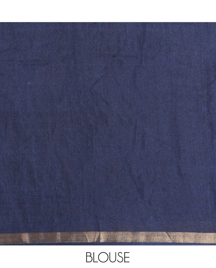 Indigo Blue Muslin Cotton Saree, Artfully Adorned with Village-Themed Agricultural Scene Printed on Its Body, a Subtle Border, Striped Pallu, and Paired with a Matching Blouse - Image 3