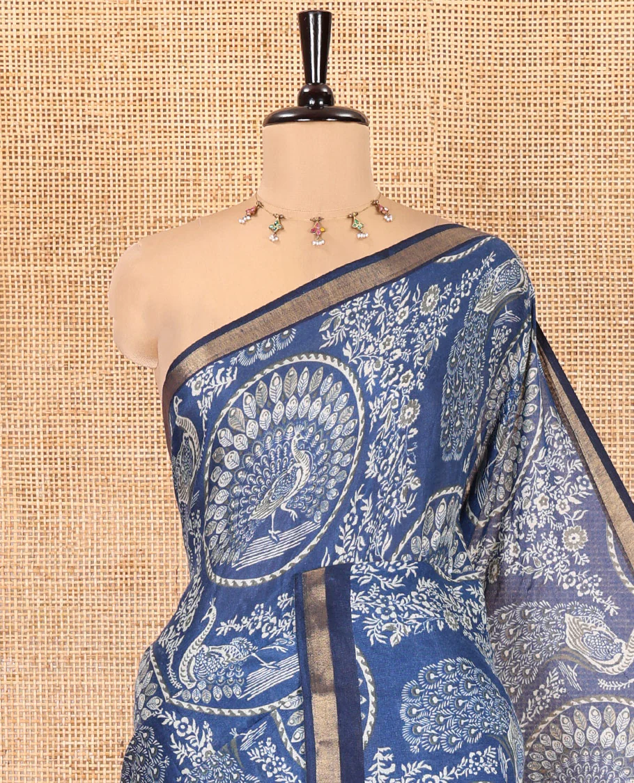 Indigo Blue Muslin Cotton Saree, Beautified with Round Peacock Motifs and Floral Print on Its Body, a Subtle Zari Border, Striped Pallu, and Paired with a Matching Blouse - Image 2