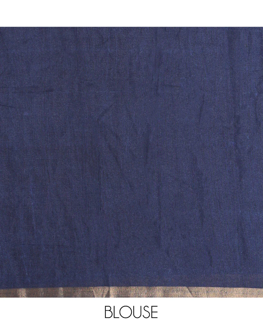 Indigo Blue Muslin Cotton Saree, Beautified with Round Peacock Motifs and Floral Print on Its Body, a Subtle Zari Border, Striped Pallu, and Paired with a Matching Blouse - Image 3