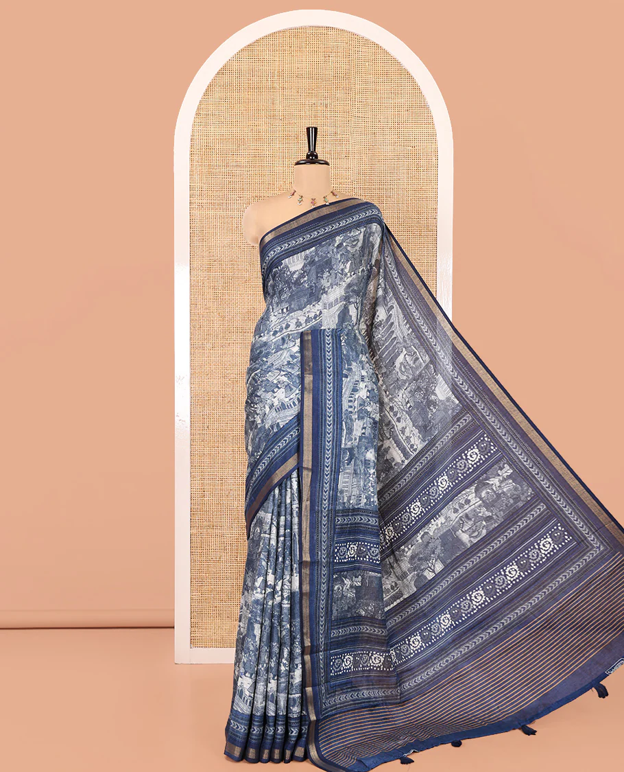 Indigo Blue Muslin Cotton Saree, Creatively Printed with Mughal-Themed Motifs on Its Body, a Subtle Geometric Printed Border, Striped Pallu, and Paired with a Matching Blouse