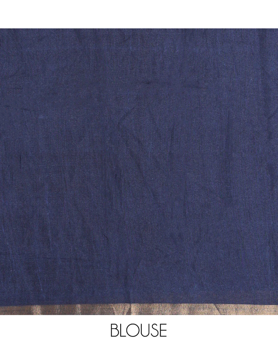 Indigo Blue Muslin Cotton Saree, Creatively Printed with Mughal-Themed Motifs on Its Body, a Subtle Geometric Printed Border, Striped Pallu, and Paired with a Matching Blouse - Image 3