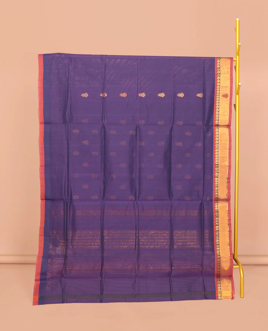 Ink Blue Venkatagiri Cotton Saree Features Buttas, a Contrast Zari-Thread Border, Pallu of Stripes, and No Blouse