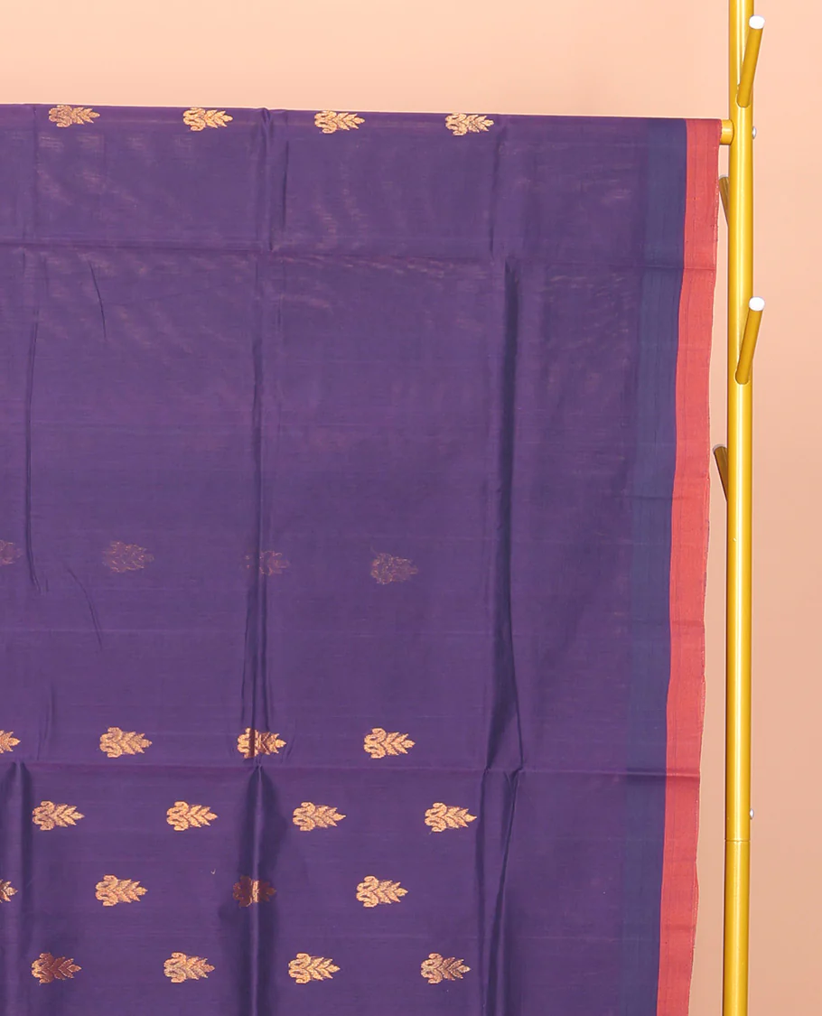 Ink Blue Venkatagiri Cotton Saree Features Buttas, a Contrast Zari-Thread Border, Pallu of Stripes, and No Blouse - Image 2
