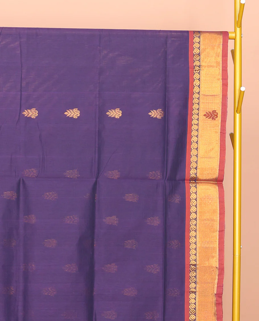 Ink Blue Venkatagiri Cotton Saree Features Buttas, a Contrast Zari-Thread Border, Pallu of Stripes, and No Blouse - Image 3