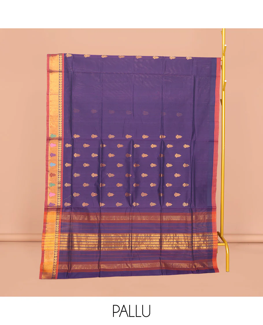 Ink Blue Venkatagiri Cotton Saree Features Buttas, a Contrast Zari-Thread Border, Pallu of Stripes, and No Blouse - Image 4