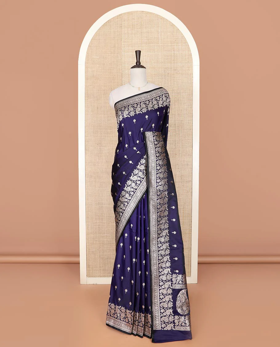 Ink blue zari buttas and paisley vine mushru silk saree, floral-paisley design border, and pallu of paisleys - Image 2