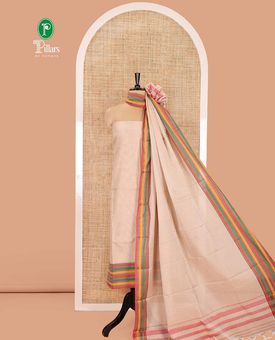Kerala Cream Mercerised Cotton Material Churidar Set, Featuring Plain and Traditional Motifs Woven Top, Comes with a Plain Mercerised Cotton Bottom, and Is Paired with a Mercerised Cotton Traditional Motifs Woven Dupatta