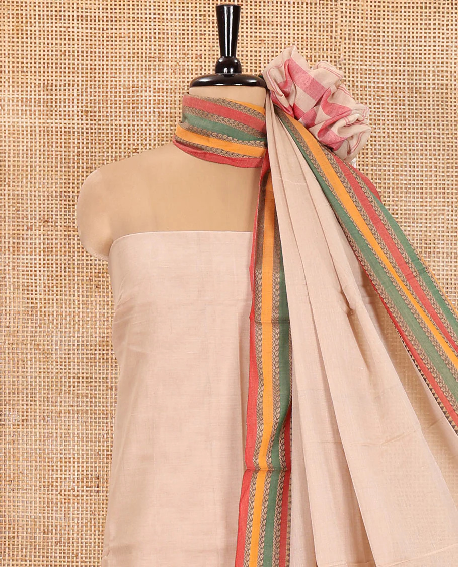 Kerala Cream Mercerised Cotton Material Churidar Set, Featuring Plain and Traditional Motifs Woven Top, Comes with a Plain Mercerised Cotton Bottom, and Is Paired with a Mercerised Cotton Traditional Motifs Woven Dupatta - Image 3
