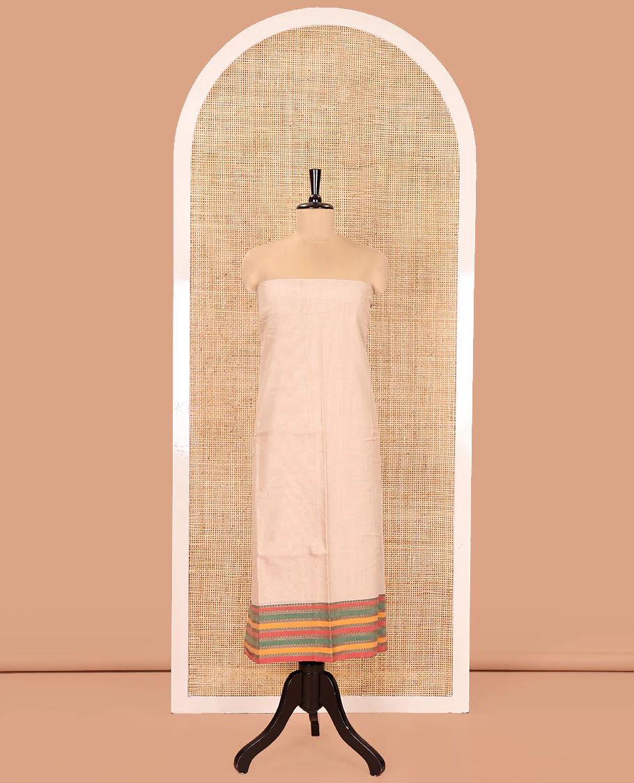 Kerala Cream Mercerised Cotton Material Churidar Set, Featuring Plain and Traditional Motifs Woven Top, Comes with a Plain Mercerised Cotton Bottom, and Is Paired with a Mercerised Cotton Traditional Motifs Woven Dupatta - Image 4