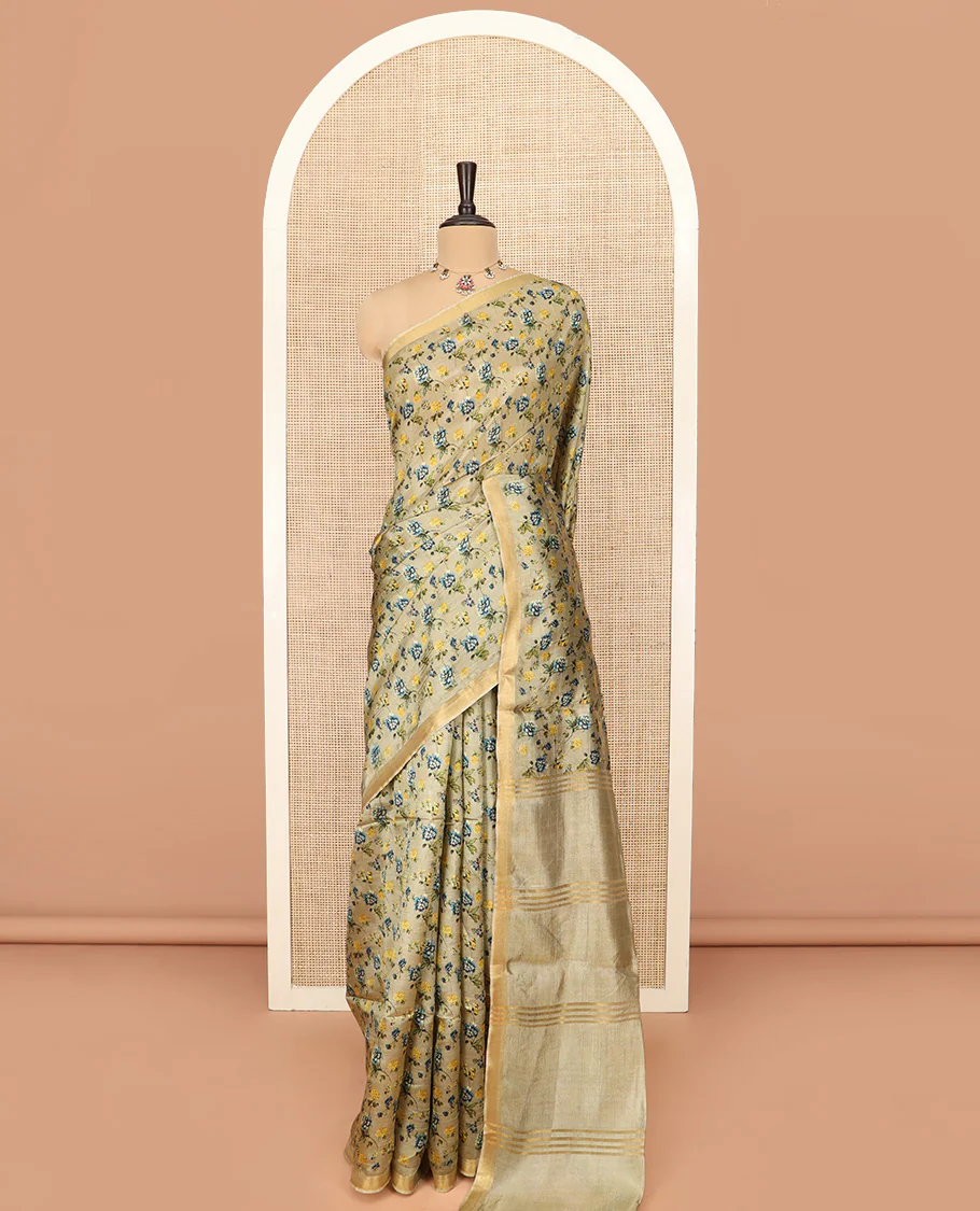 Khaki Banana Pith Saree Prettified with Floral Motifs Digital Print, Subtle Zari Border, Pallu Gleamed Up with Zari Stripes, and Paired with a Contrast Floral Printed Blouse - Image 3