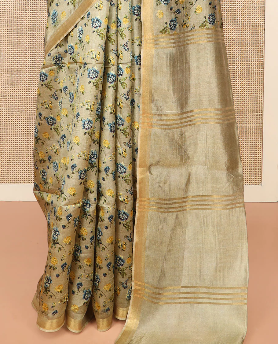 Khaki Banana Pith Saree Prettified with Floral Motifs Digital Print, Subtle Zari Border, Pallu Gleamed Up with Zari Stripes, and Paired with a Contrast Floral Printed Blouse - Image 4