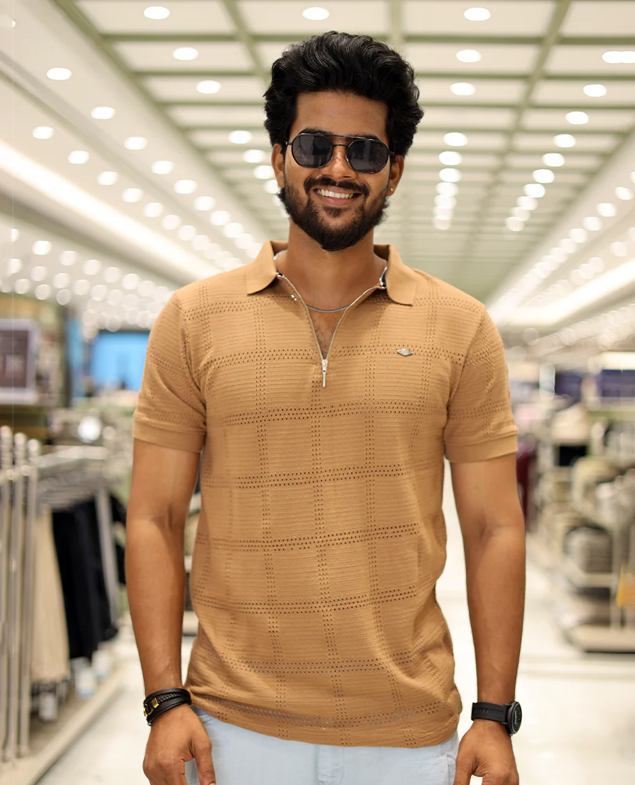 Khaki Corduroy T-Shirt Comes with a Checked Texture, a Polo Neck, Half-Sleeves, a Slim Fit, and Regular Length
