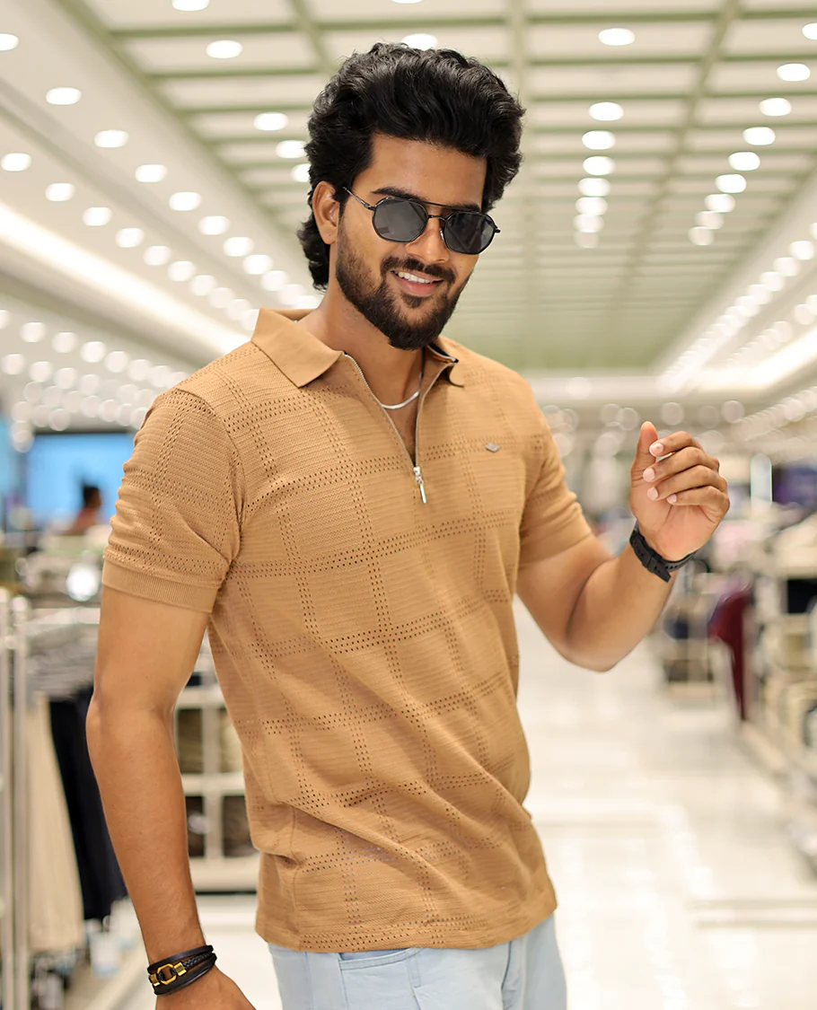 Khaki Corduroy T-Shirt Comes with a Checked Texture, a Polo Neck, Half-Sleeves, a Slim Fit, and Regular Length - Image 2
