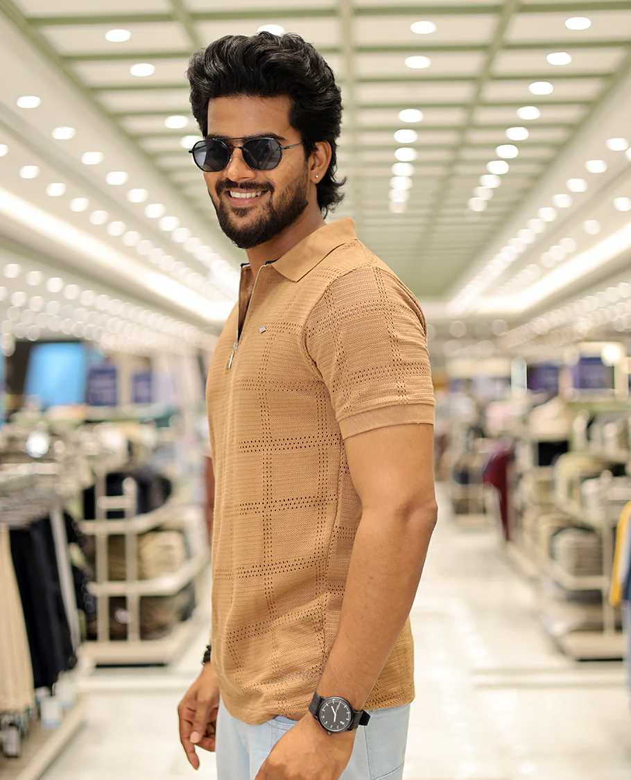 Khaki Corduroy T-Shirt Comes with a Checked Texture, a Polo Neck, Half-Sleeves, a Slim Fit, and Regular Length - Image 3