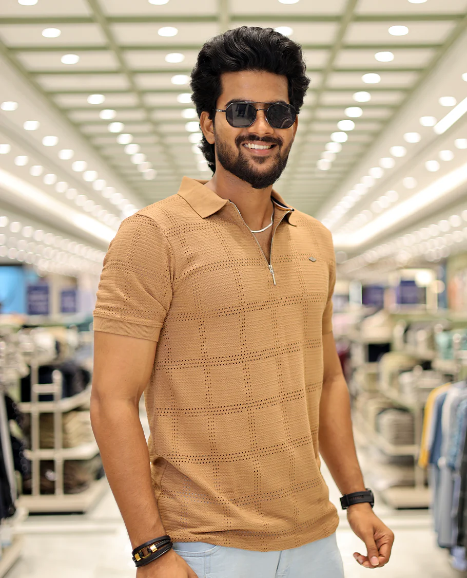 Khaki Corduroy T-Shirt Comes with a Checked Texture, a Polo Neck, Half-Sleeves, a Slim Fit, and Regular Length - Image 4