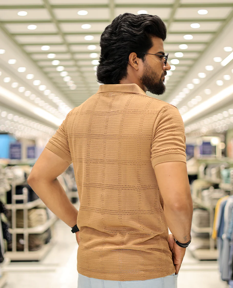 Khaki Corduroy T-Shirt Comes with a Checked Texture, a Polo Neck, Half-Sleeves, a Slim Fit, and Regular Length - Image 5