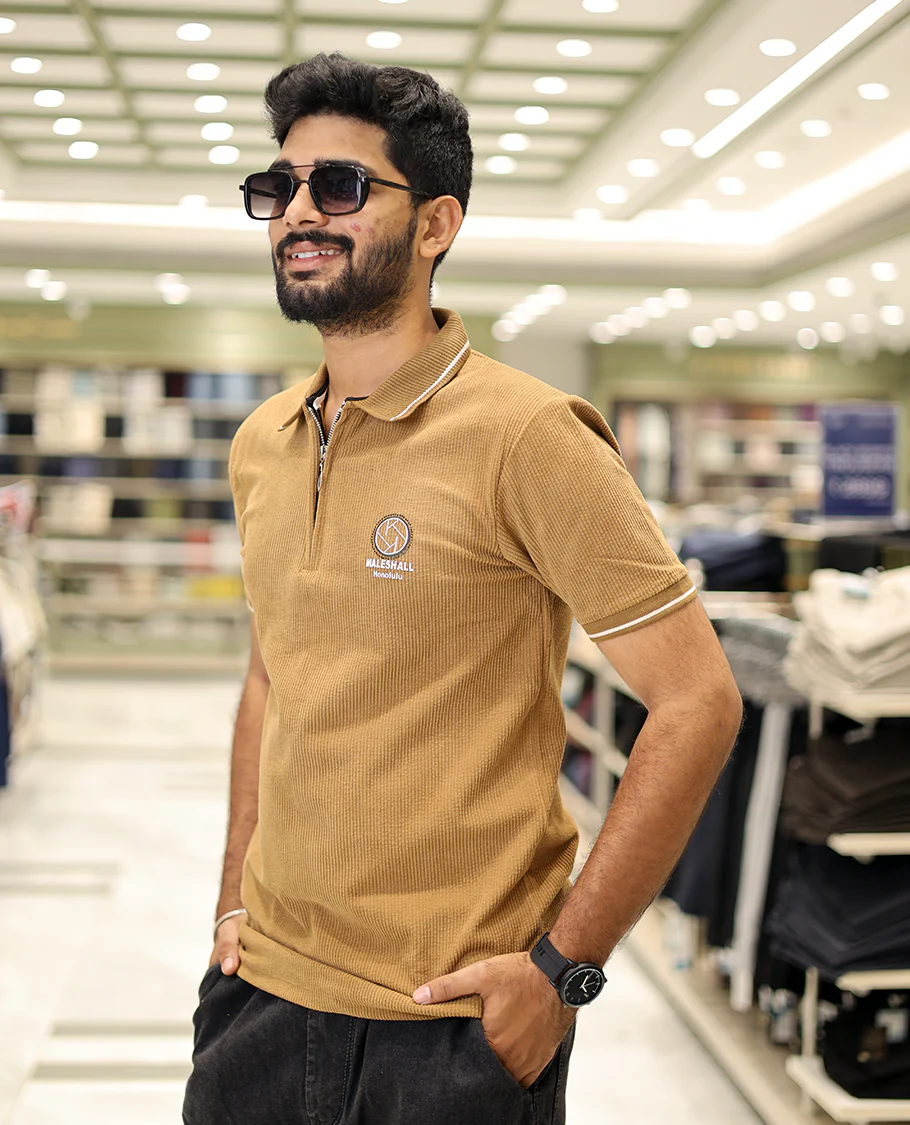 Khaki Corduroy T-Shirt Comes with a Polo Neck, Half-Sleeves, a Slim Fit, and Regular Length - Image 2