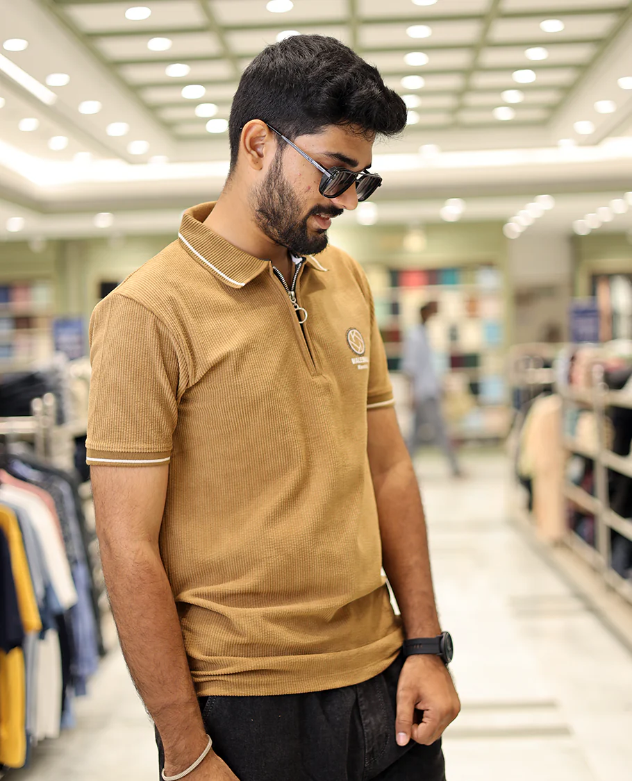 Khaki Corduroy T-Shirt Comes with a Polo Neck, Half-Sleeves, a Slim Fit, and Regular Length - Image 3