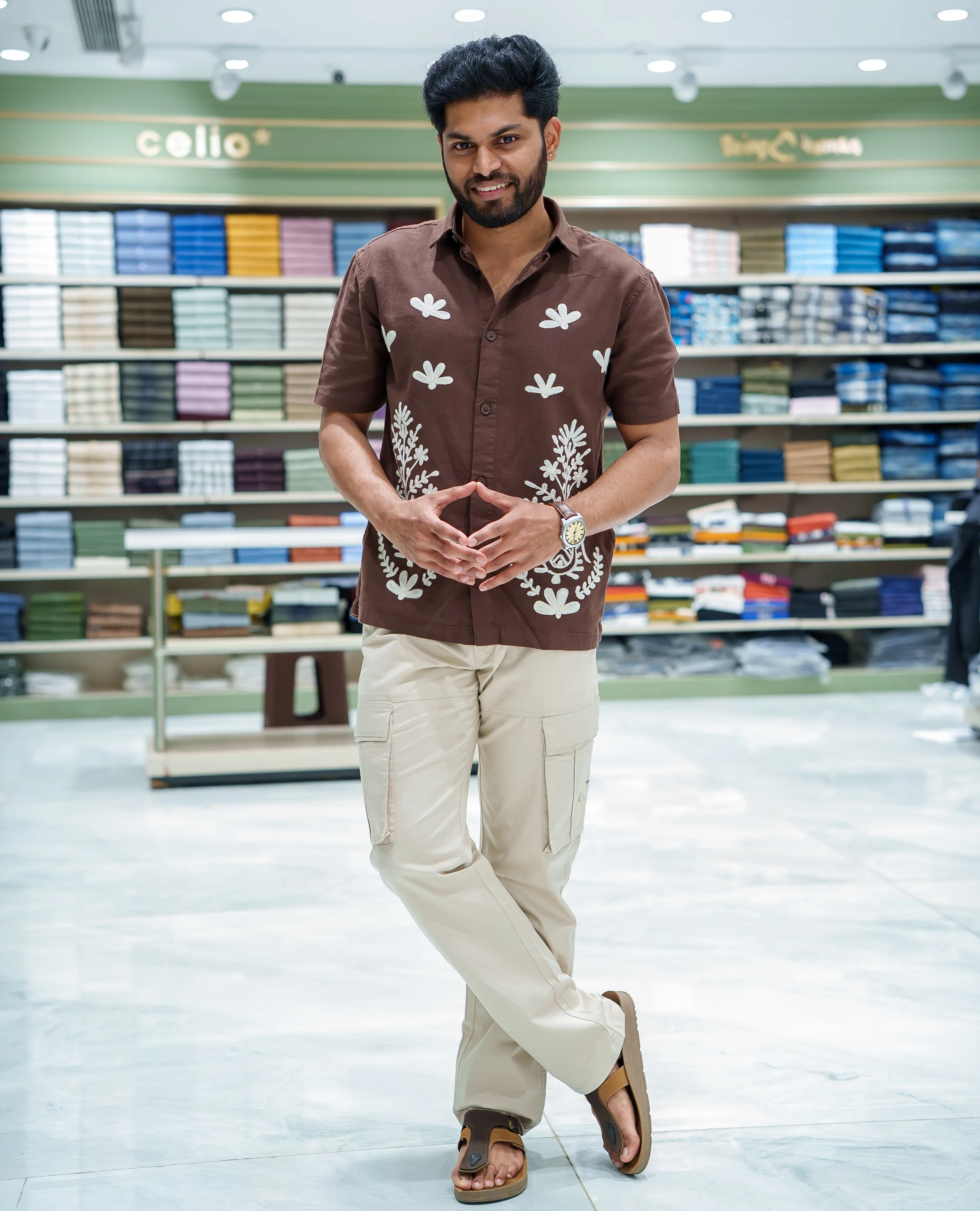 Brown Cotton-Blended Casual Shirt, Beautified with Floral-Themed Crochet Embroidery, Featuring a Spread Collar, Half Sleeves, Regular Fit, and Regular Length - Image 2