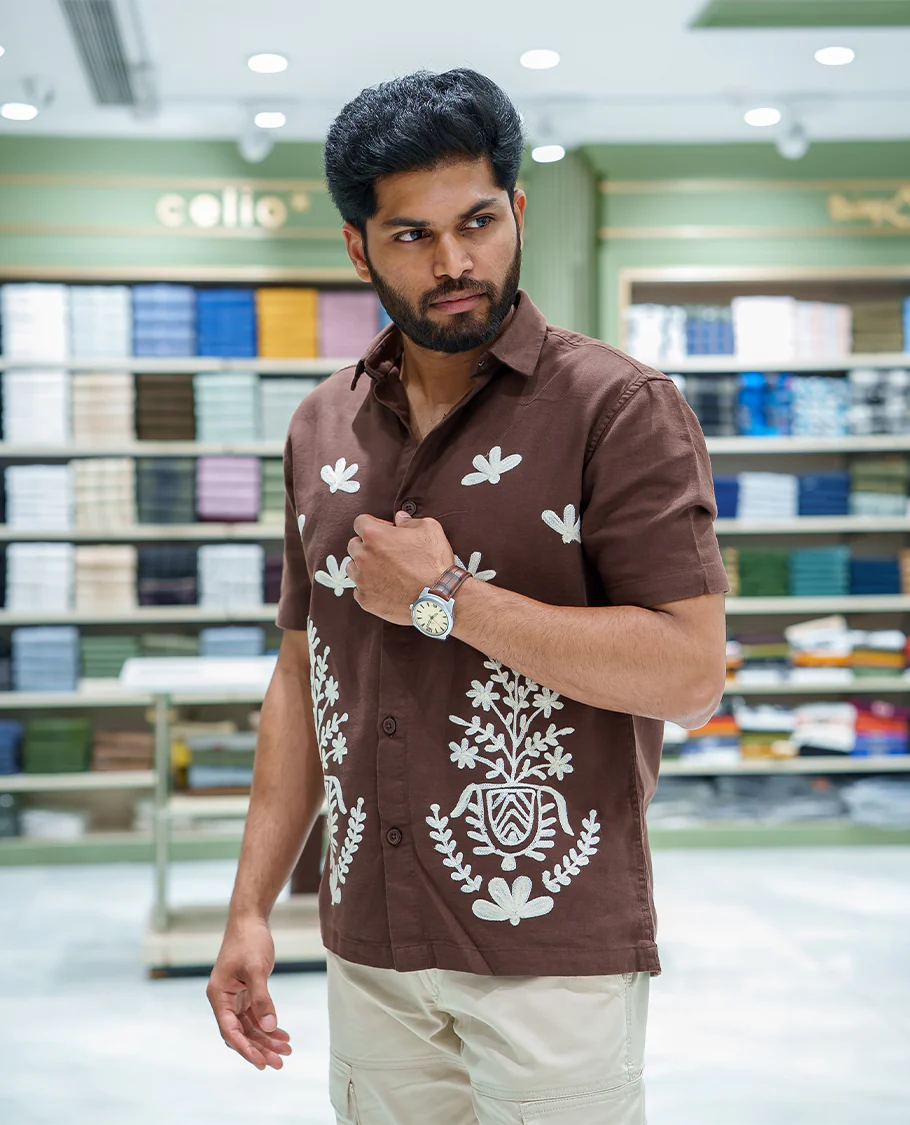 Brown Cotton-Blended Casual Shirt, Beautified with Floral-Themed Crochet Embroidery, Featuring a Spread Collar, Half Sleeves, Regular Fit, and Regular Length - Image 3