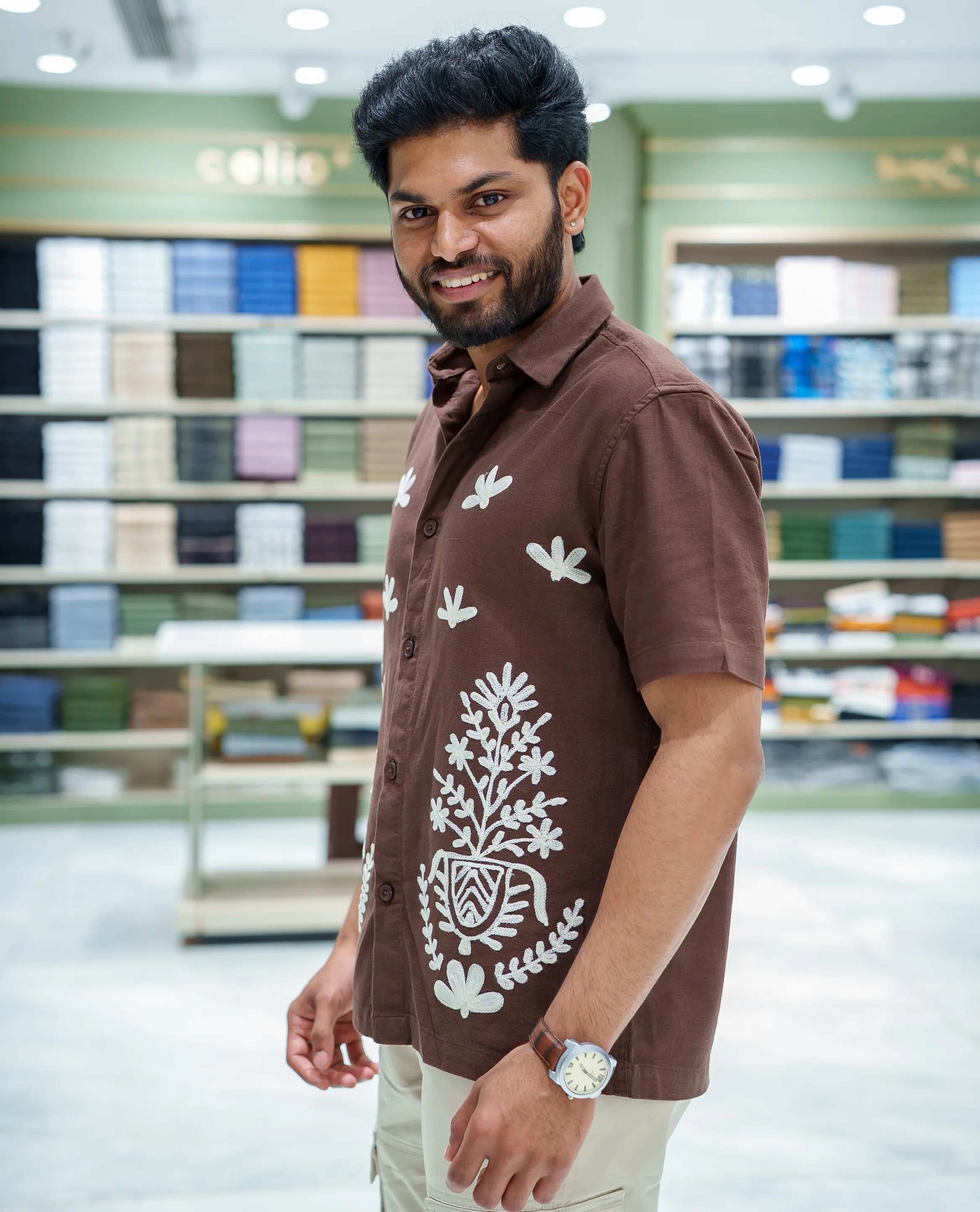 Brown Cotton-Blended Casual Shirt, Beautified with Floral-Themed Crochet Embroidery, Featuring a Spread Collar, Half Sleeves, Regular Fit, and Regular Length - Image 4