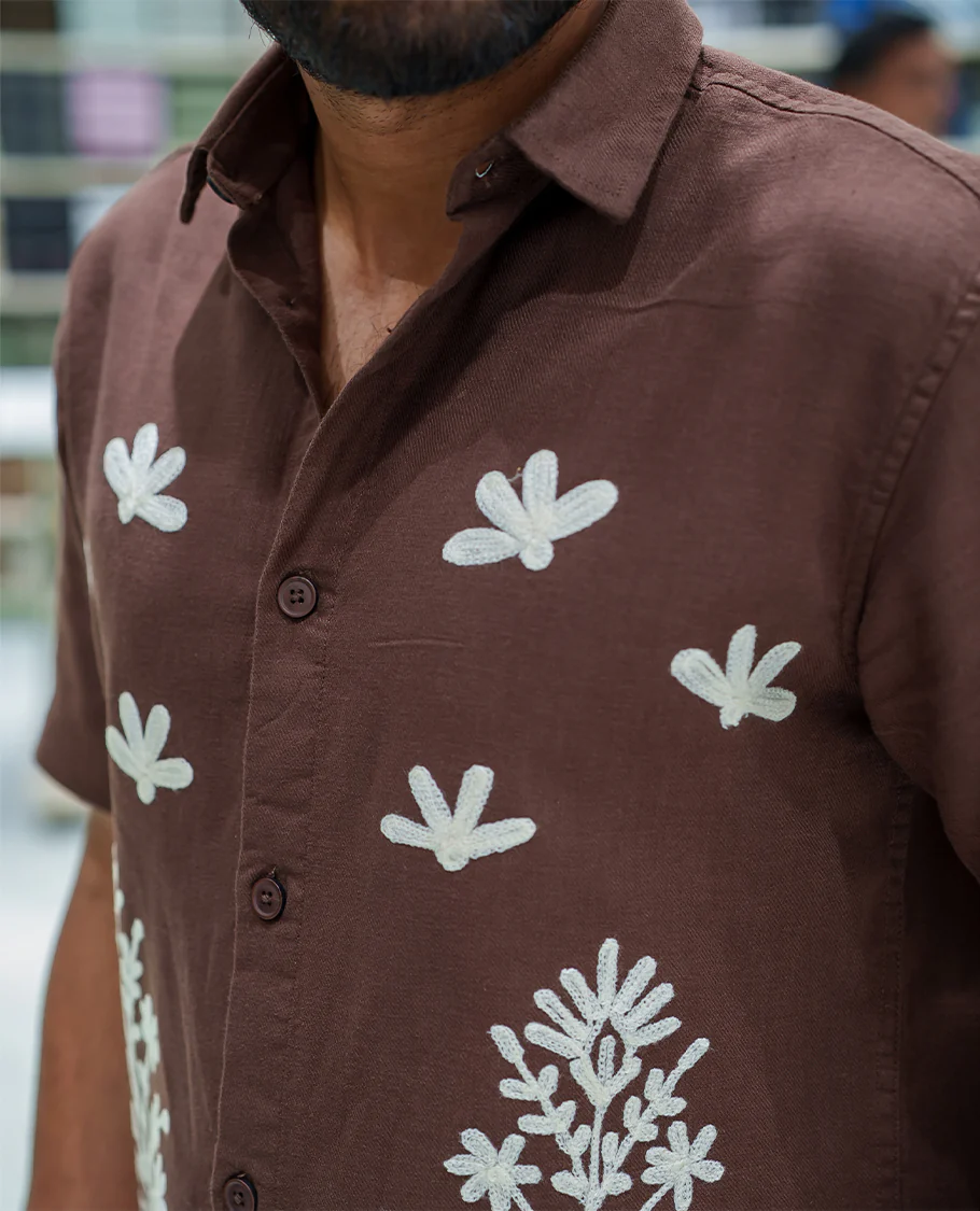 Brown Cotton-Blended Casual Shirt, Beautified with Floral-Themed Crochet Embroidery, Featuring a Spread Collar, Half Sleeves, Regular Fit, and Regular Length - Image 6