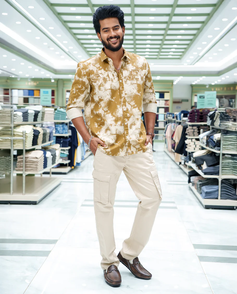 Khaki Cotton Blended Casual Shirt, Delicately Designed with Acid-Washed and Typography Patch Embroidery on the Chest, Featuring a Spread Collar, Full Sleeves, Slim Fit, and Regular Length - Image 2
