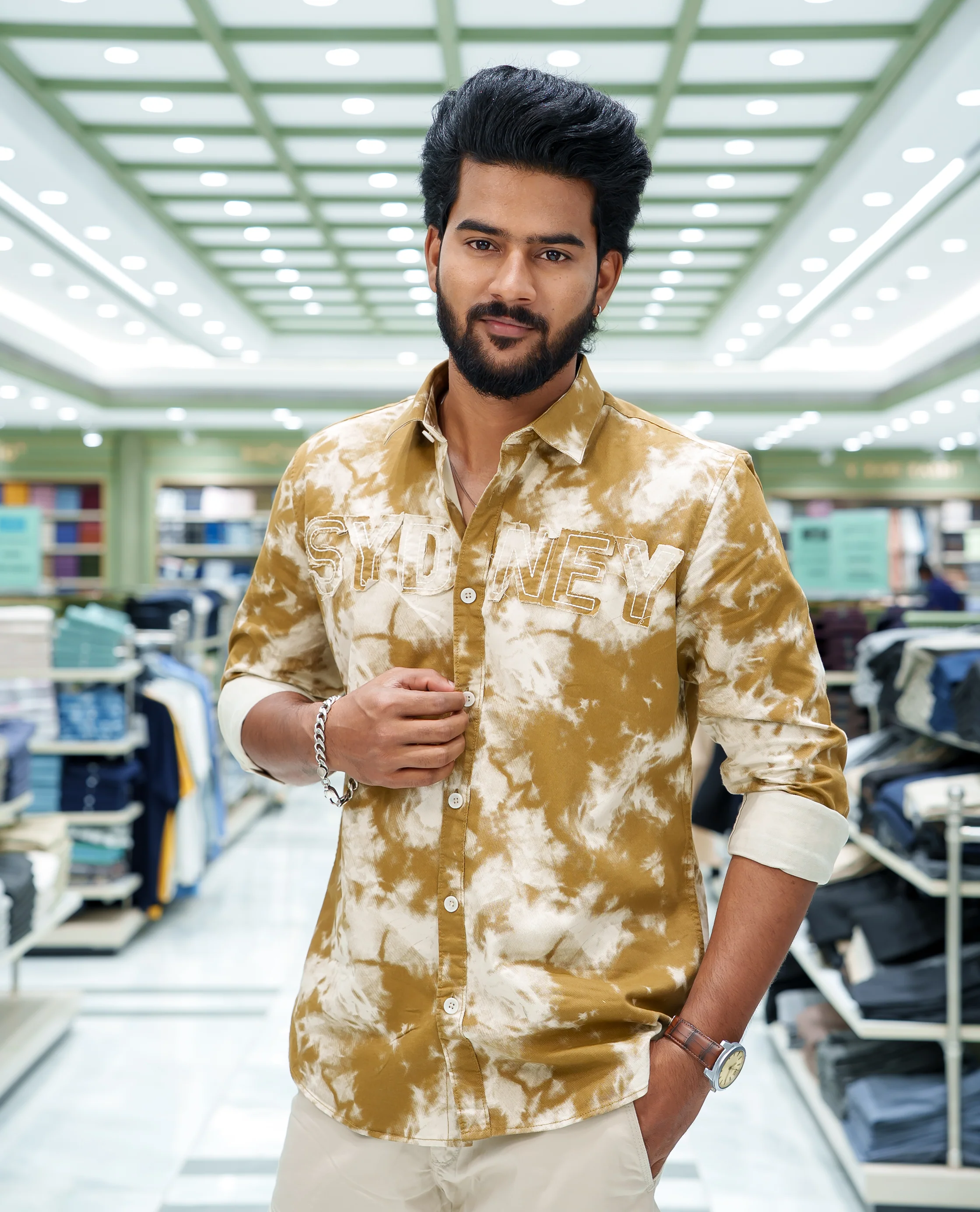 Khaki Cotton Blended Casual Shirt, Delicately Designed with Acid-Washed and Typography Patch Embroidery on the Chest, Featuring a Spread Collar, Full Sleeves, Slim Fit, and Regular Length - Image 3