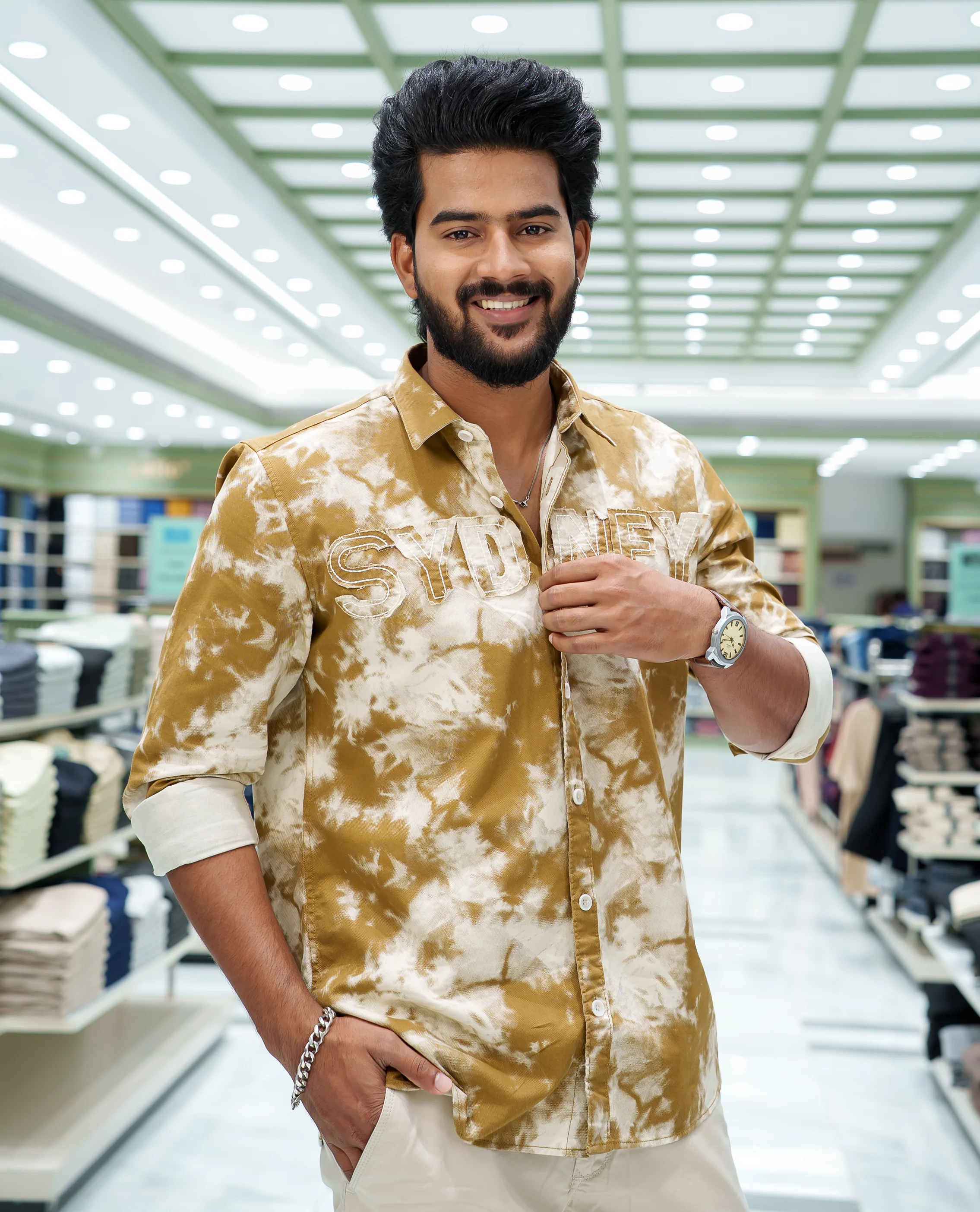 Khaki Cotton Blended Casual Shirt, Delicately Designed with Acid-Washed and Typography Patch Embroidery on the Chest, Featuring a Spread Collar, Full Sleeves, Slim Fit, and Regular Length - Image 4