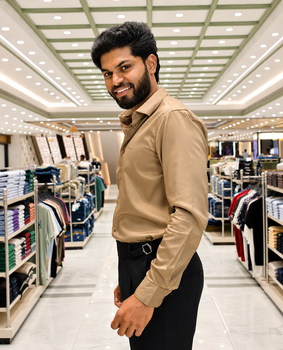 Khaki Solid Satin Formal Shirt, Featuring a Spread Collar, Full Sleeves, Slim Fit, and Regular Length - Image 2