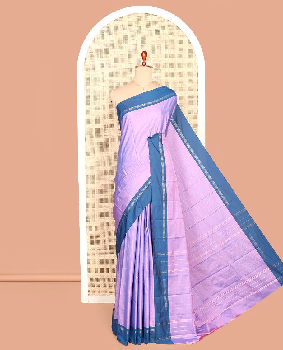 Lavender Aarani Silk Saree, Ornamented with Zari Checked Design All Over Its Body, Complemented by a Contrast Zari Border, Striped Pallu, and Paired with a Matching Blouse