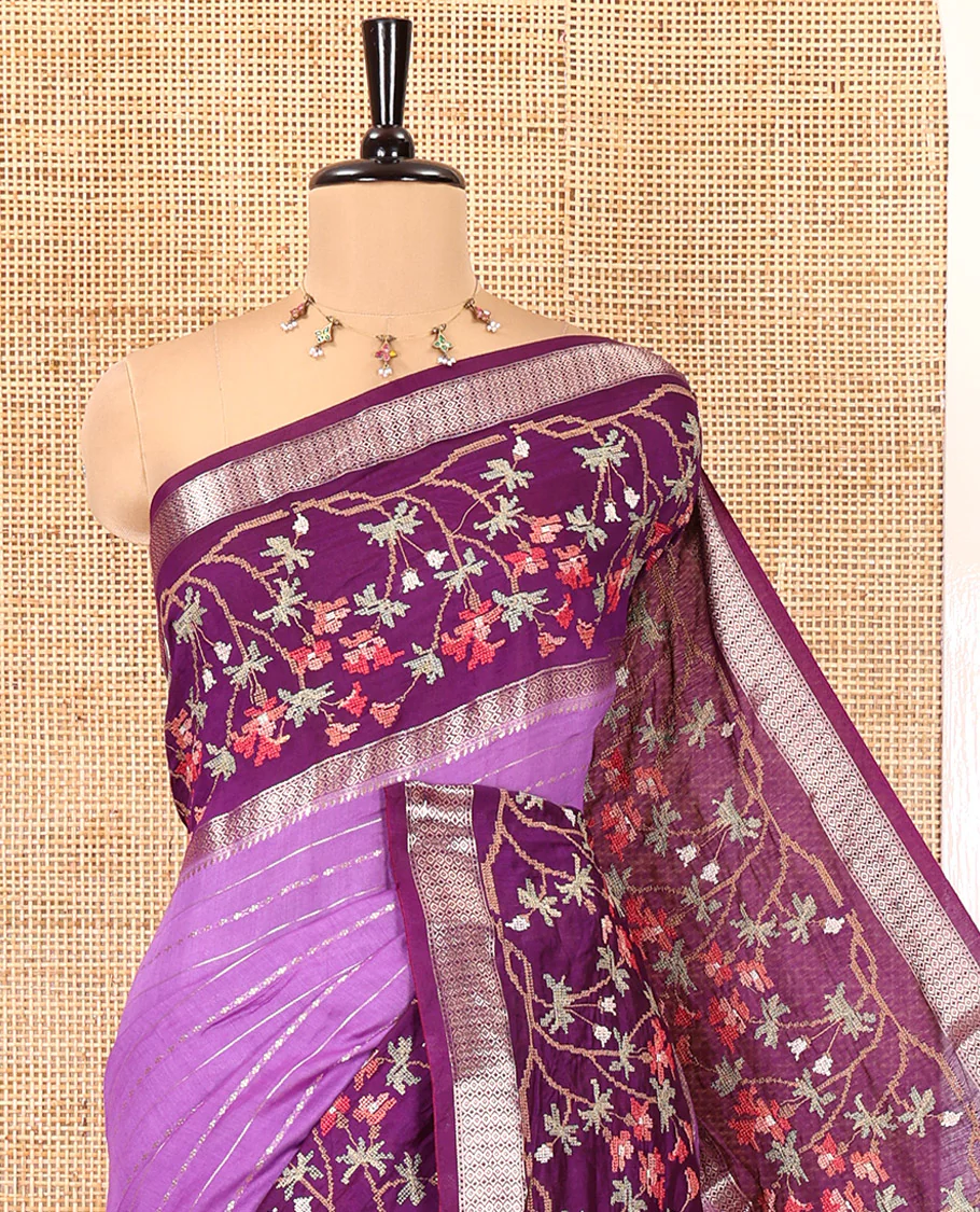 Lavender Assam Silk Saree Featuring Horizontal Zari Stripes, Contrast Floral Embroidered Border, Zari Striped Pallu, and a Contrast Blouse - Image 2