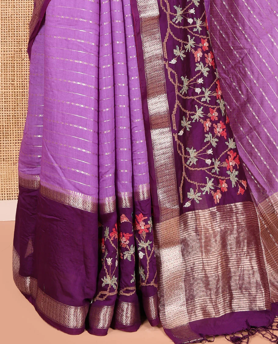 Lavender Assam Silk Saree Featuring Horizontal Zari Stripes, Contrast Floral Embroidered Border, Zari Striped Pallu, and a Contrast Blouse - Image 3