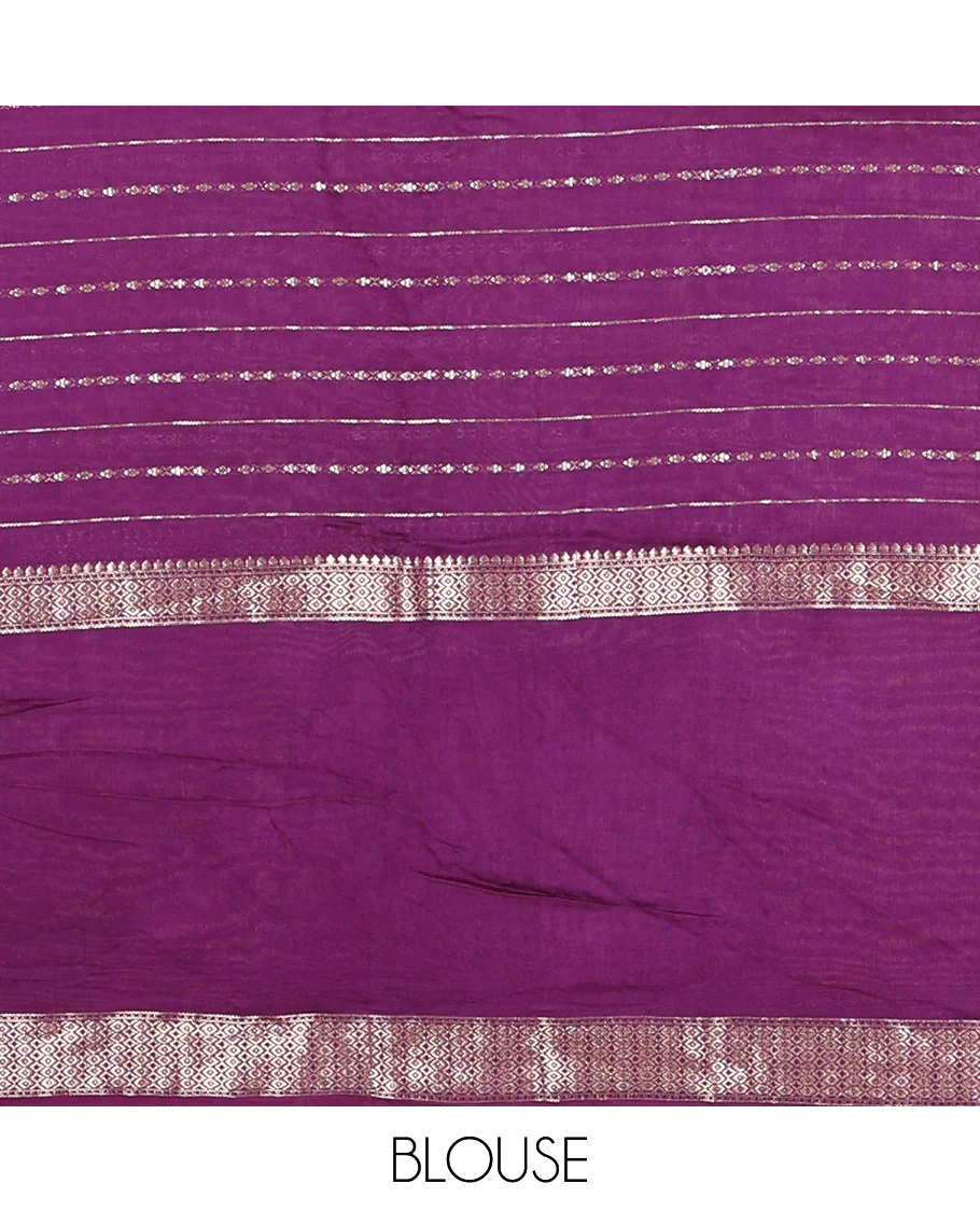 Lavender Assam Silk Saree Featuring Horizontal Zari Stripes, Contrast Floral Embroidered Border, Zari Striped Pallu, and a Contrast Blouse - Image 4